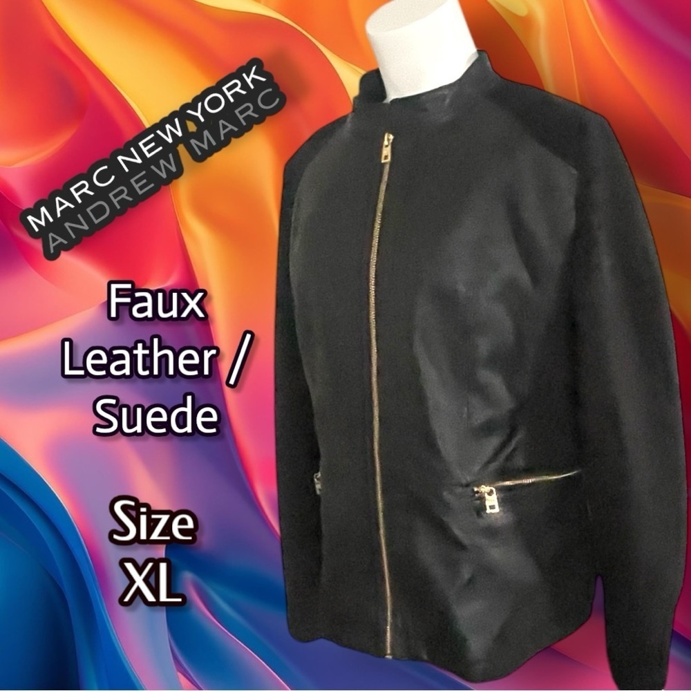 Marc New York Andrew Marc Black Faux Leather Mixed Media Jacket Moto Size XL